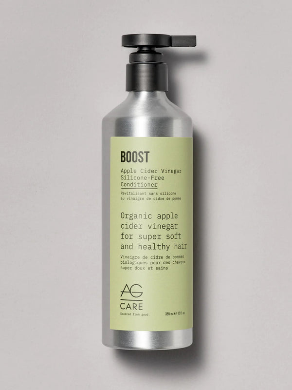 The Best vegan and cruelty free conditioner. BOOST Apple Cider Vinegar Conditioner by AG Hair. Available at Manzer Salon Toronto 