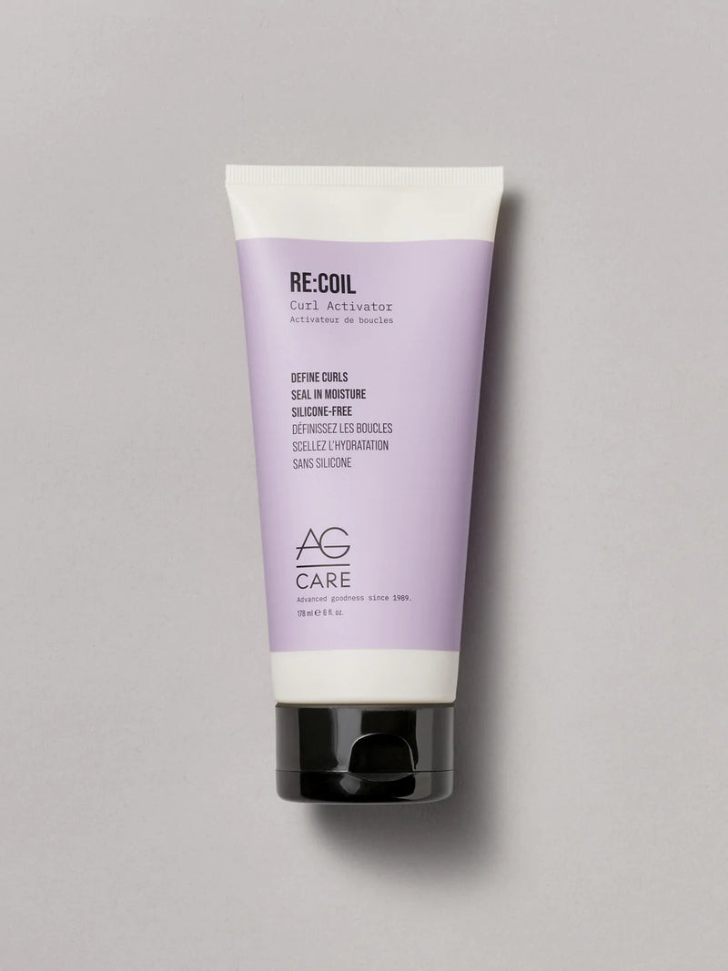 Pastel lavender label curl cream to define curls and seal in moisture from an eco-friendly salon in Toronto, silicone-free