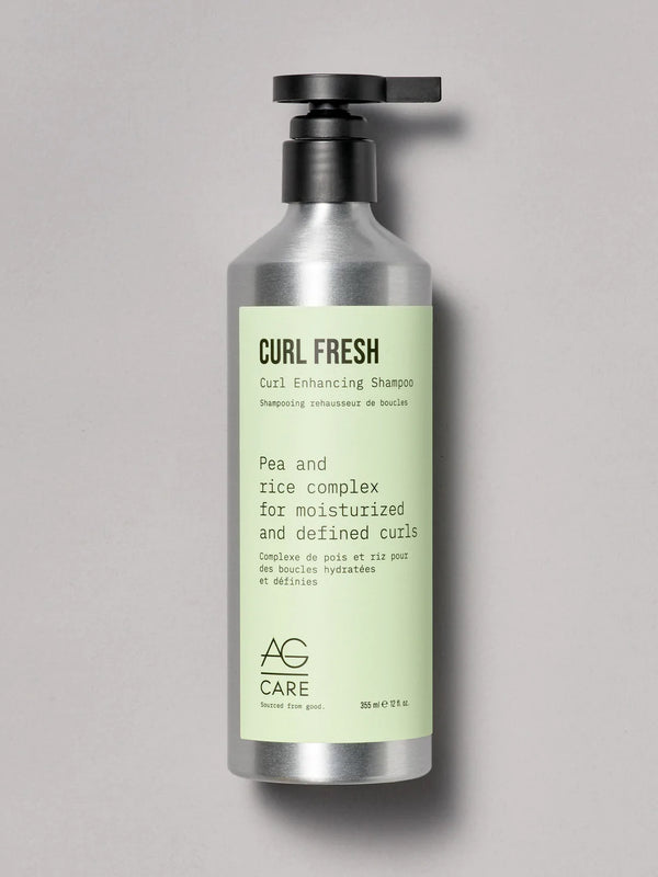 Pastel green label curl refreshing shampoo with pea and rice amino acids from an eco-friendly salon in Toronto, sulfate-free