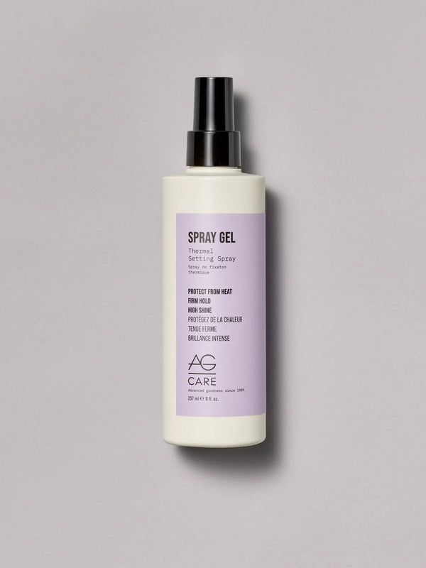 Light pastel lavender label firm hold spray gel with curl enhancers from an eco-friendly salon in Toronto, PPD-free