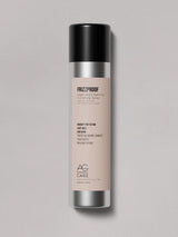Silver bottle with beige-on-beige label, AG Finishing Spray at Green Circle Salon Toronto. Lightweight shine spray with frizz and humidity protection.