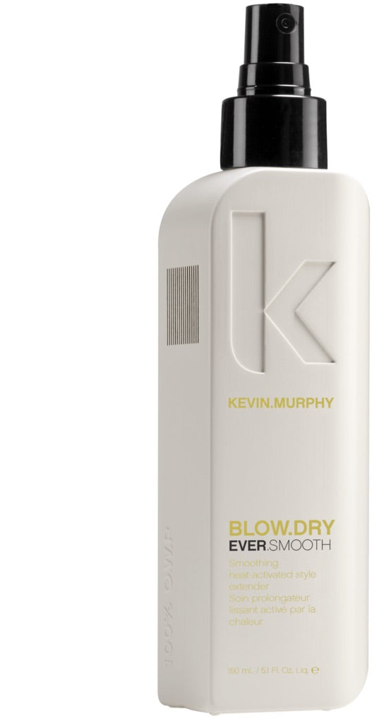 A sleek beige bottle of Kevin Murphy Blowdry Style Extender, designed to smooth hair and protect against frizz and heat